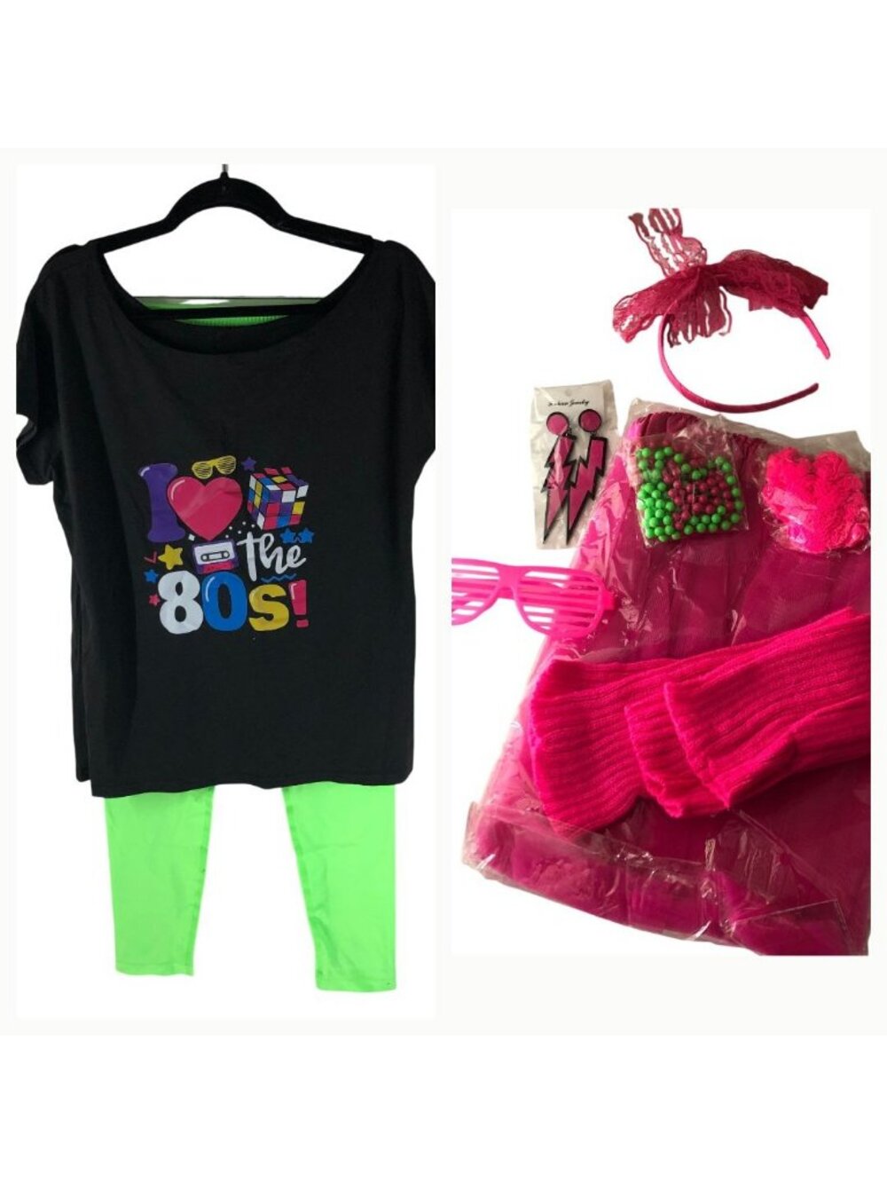I Love The 80s Womens Costume Set Accessories Top Green Leggings Jewelry XL